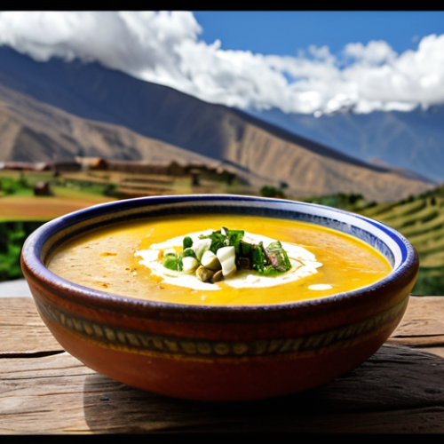 **

"Ecuadorian Locro soup, vibrant and creamy, served in a rustic bowl, alongside fresh choclo and queso fresco, Andes mountains background, daylight, realistic photography, high detail, safe for work, appropriate content, fully clothed, modest, professional food photography."

**