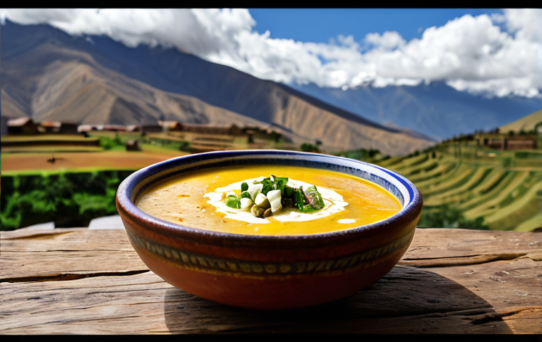 **

"Ecuadorian Locro soup, vibrant and creamy, served in a rustic bowl, alongside fresh choclo and queso fresco, Andes mountains background, daylight, realistic photography, high detail, safe for work, appropriate content, fully clothed, modest, professional food photography."

**