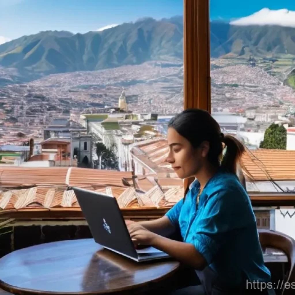 에콰도르 디지털 노마드 생활 - **"Productivity in Quito's Andean Embrace"**
A vibrant, sunlit scene featuring a young female di...