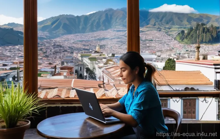 에콰도르 디지털 노마드 생활 - **"Productivity in Quito's Andean Embrace"**
    A vibrant, sunlit scene featuring a young female di...