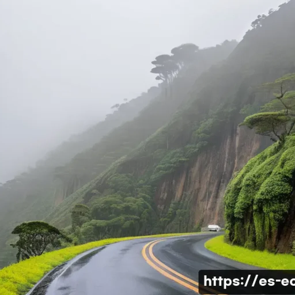 에콰도르의 도로 환경과 교통 법규 - A detailed scene of a mountainous road in the Ecuadorian Andes during a misty rainy day, showing a n...