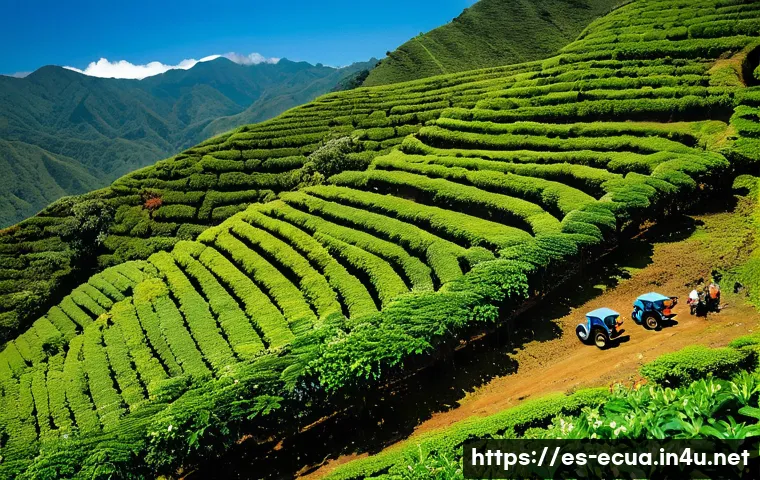 에콰도르 커피 맛집 - A vibrant Ecuadorian highland coffee farm scene in the Sierra region, showcasing lush green coffee p...