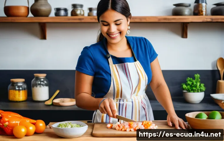 에콰도르에서 인기 있는 유튜버 및 인플루언서 - A vibrant Ecuadorian influencer kitchen scene showcasing a young adult woman wearing stylish casual ...