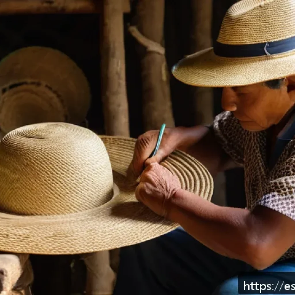 파나마 모자와 에콰도르의 관계 - A skilled Ecuadorian artisan weaving a traditional Montecristi Panama hat by hand, focusing on the i...