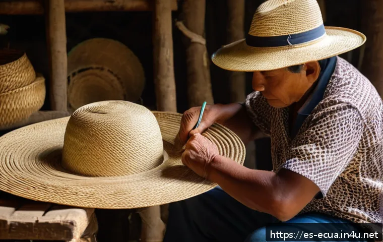 파나마 모자와 에콰도르의 관계 - A skilled Ecuadorian artisan weaving a traditional Montecristi Panama hat by hand, focusing on the i...