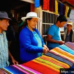 에콰도르 여행 중 사기 피하는 법 - A bustling Ecuadorian street market scene during daytime, featuring a diverse group of tourists brow...