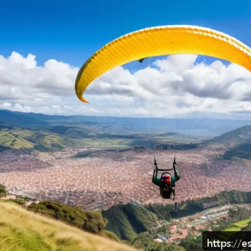 에콰도르에서 패러글라이딩 체험 - A panoramic view of a paraglider soaring gently above the colonial city of Cuenca, Ecuador, with vib...