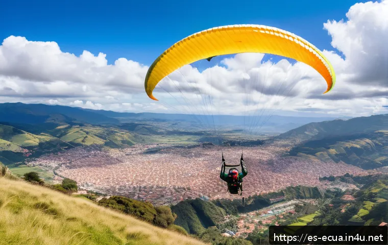 에콰도르에서 패러글라이딩 체험 - A panoramic view of a paraglider soaring gently above the colonial city of Cuenca, Ecuador, with vib...