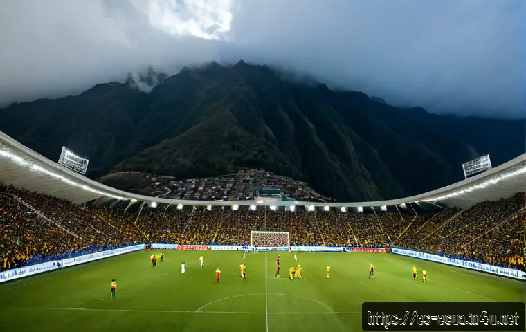 에콰도르 리그 최고 클럽 - Photorealistic wide-angle night football stadium in Quito, Ecuador, packed with passionate supporter...